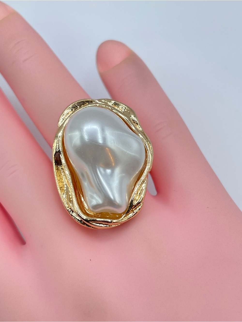 Gold Tone Baroque Pearl Adjustable Ring Statement Coquette Chic Elegant